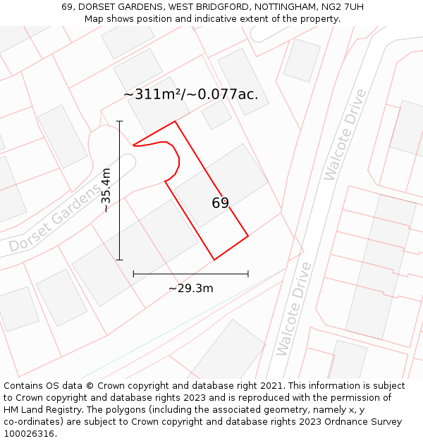 69, DORSET GARDENS, WEST BRIDGFORD, NOTTINGHAM, NG2 7UH: Plot and title map