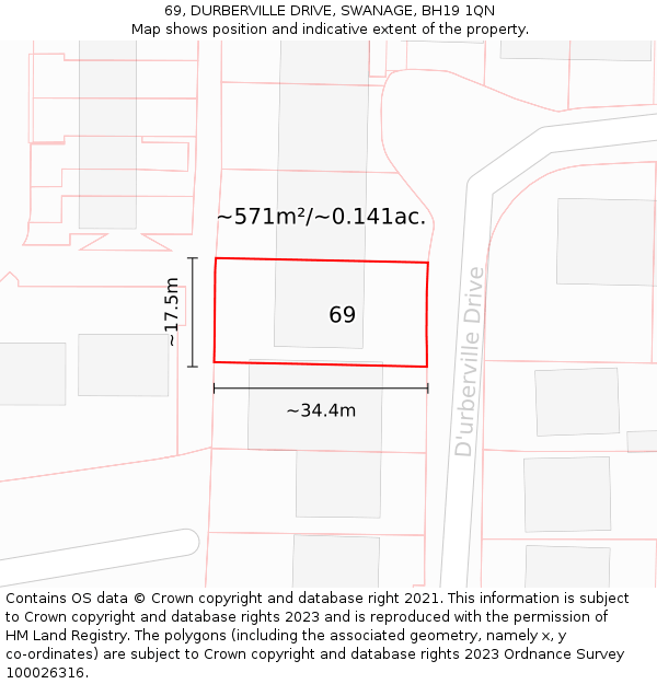 69, DURBERVILLE DRIVE, SWANAGE, BH19 1QN: Plot and title map