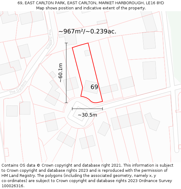 69, EAST CARLTON PARK, EAST CARLTON, MARKET HARBOROUGH, LE16 8YD: Plot and title map
