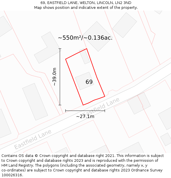 69, EASTFIELD LANE, WELTON, LINCOLN, LN2 3ND: Plot and title map