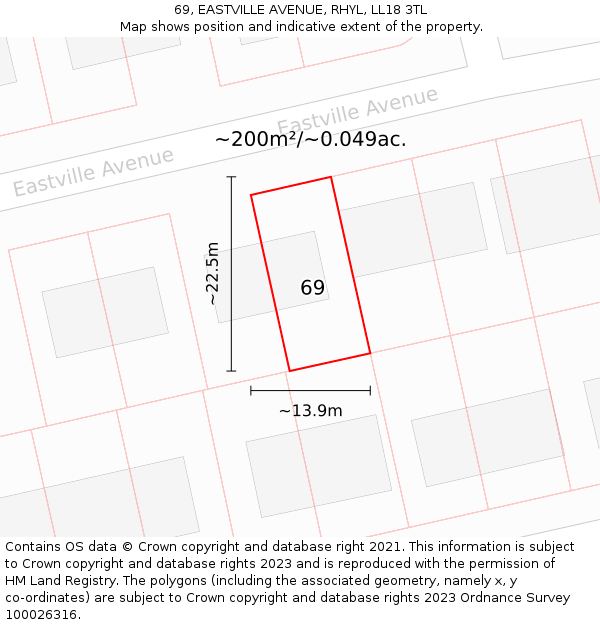 69, EASTVILLE AVENUE, RHYL, LL18 3TL: Plot and title map