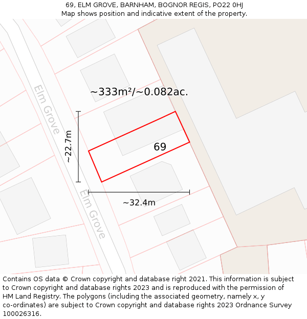 69, ELM GROVE, BARNHAM, BOGNOR REGIS, PO22 0HJ: Plot and title map