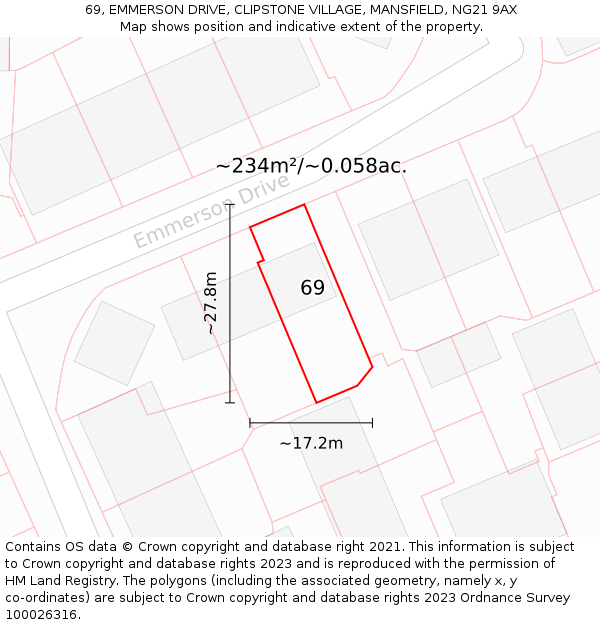 69, EMMERSON DRIVE, CLIPSTONE VILLAGE, MANSFIELD, NG21 9AX: Plot and title map