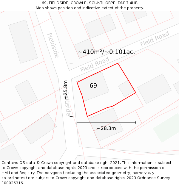 69, FIELDSIDE, CROWLE, SCUNTHORPE, DN17 4HR: Plot and title map