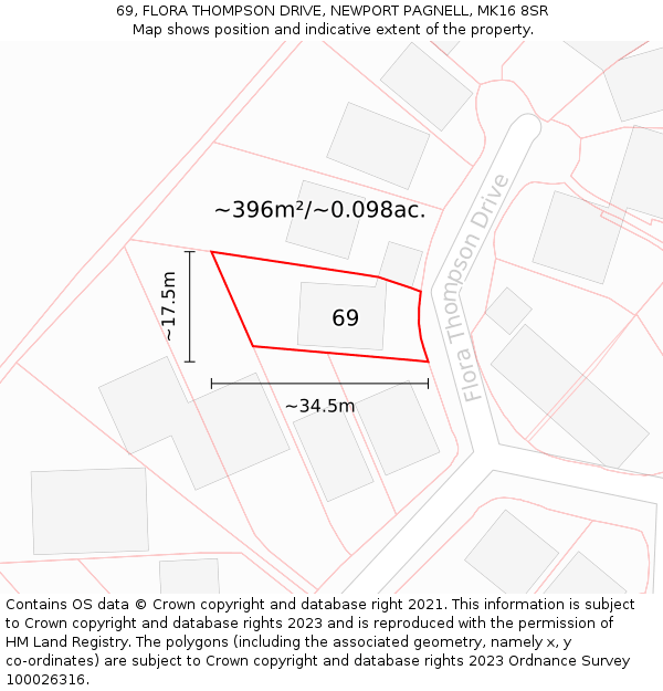 69, FLORA THOMPSON DRIVE, NEWPORT PAGNELL, MK16 8SR: Plot and title map