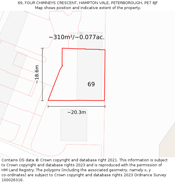 69, FOUR CHIMNEYS CRESCENT, HAMPTON VALE, PETERBOROUGH, PE7 8JF: Plot and title map