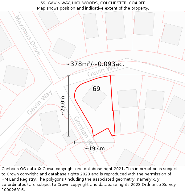 69, GAVIN WAY, HIGHWOODS, COLCHESTER, CO4 9FF: Plot and title map