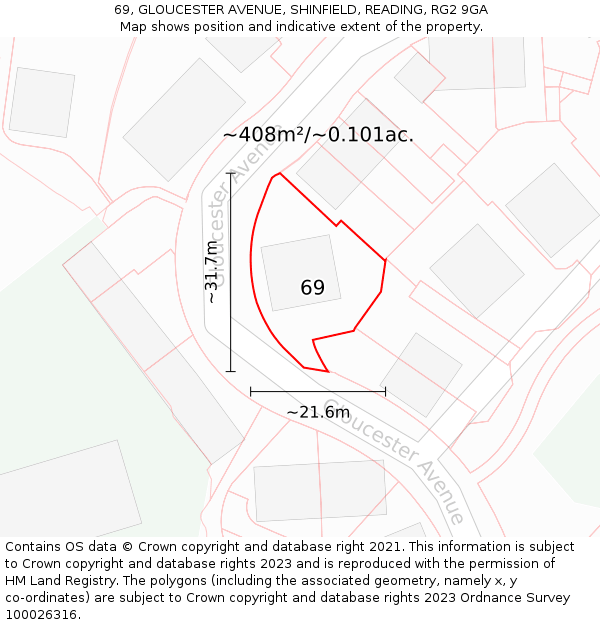 69, GLOUCESTER AVENUE, SHINFIELD, READING, RG2 9GA: Plot and title map