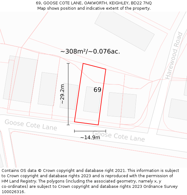 69, GOOSE COTE LANE, OAKWORTH, KEIGHLEY, BD22 7NQ: Plot and title map