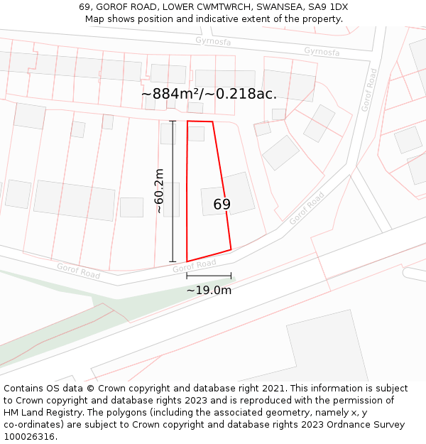 69, GOROF ROAD, LOWER CWMTWRCH, SWANSEA, SA9 1DX: Plot and title map