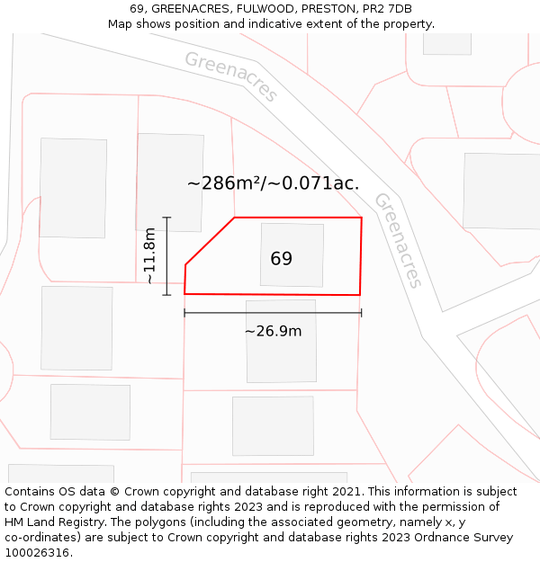 69, GREENACRES, FULWOOD, PRESTON, PR2 7DB: Plot and title map