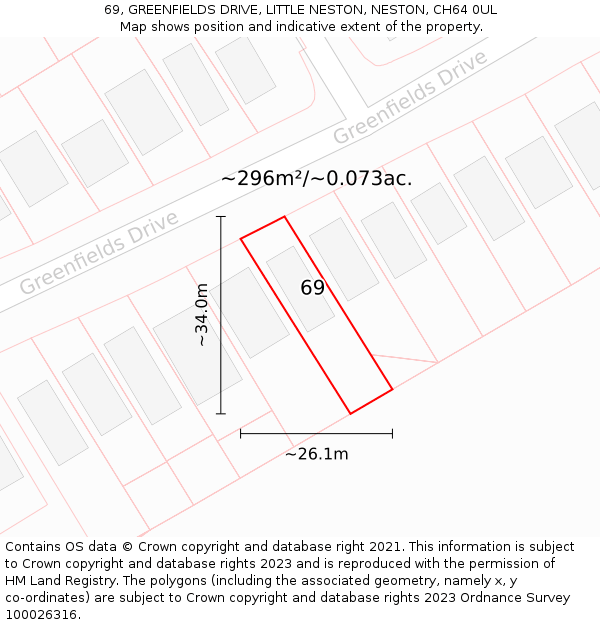 69, GREENFIELDS DRIVE, LITTLE NESTON, NESTON, CH64 0UL: Plot and title map