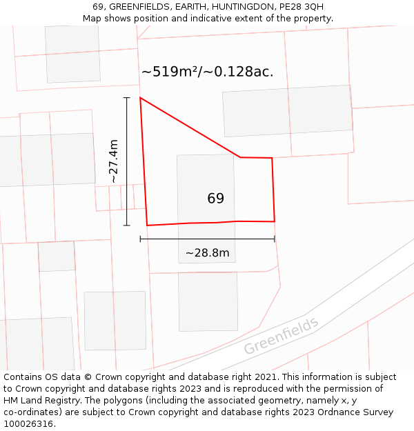 69, GREENFIELDS, EARITH, HUNTINGDON, PE28 3QH: Plot and title map