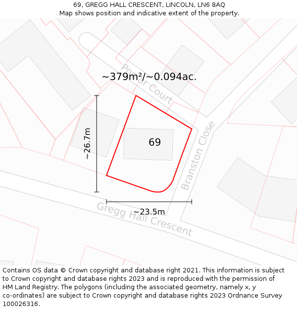 69, GREGG HALL CRESCENT, LINCOLN, LN6 8AQ: Plot and title map