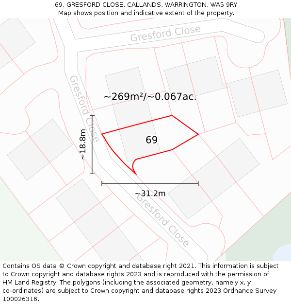 69, GRESFORD CLOSE, CALLANDS, WARRINGTON, WA5 9RY: Plot and title map
