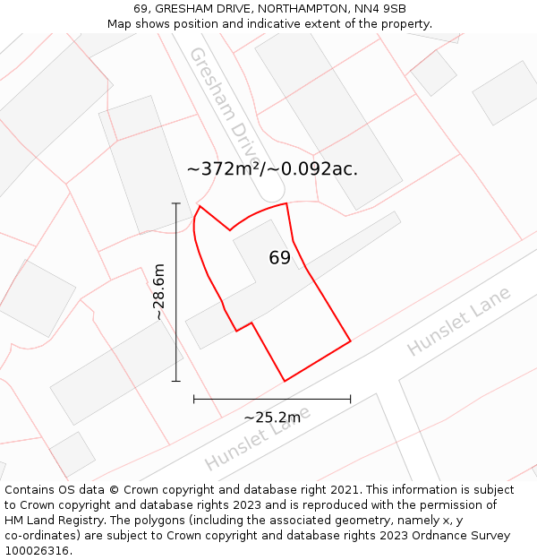 69, GRESHAM DRIVE, NORTHAMPTON, NN4 9SB: Plot and title map