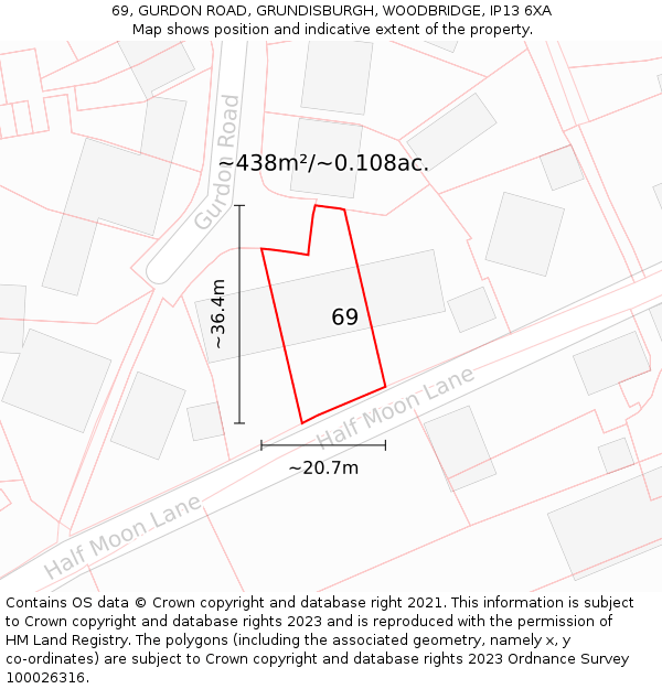 69, GURDON ROAD, GRUNDISBURGH, WOODBRIDGE, IP13 6XA: Plot and title map