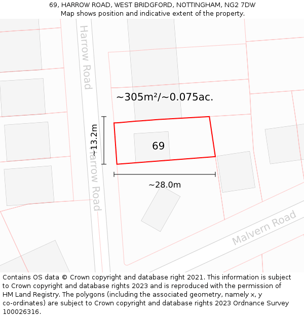 69, HARROW ROAD, WEST BRIDGFORD, NOTTINGHAM, NG2 7DW: Plot and title map