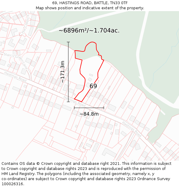 69, HASTINGS ROAD, BATTLE, TN33 0TF: Plot and title map