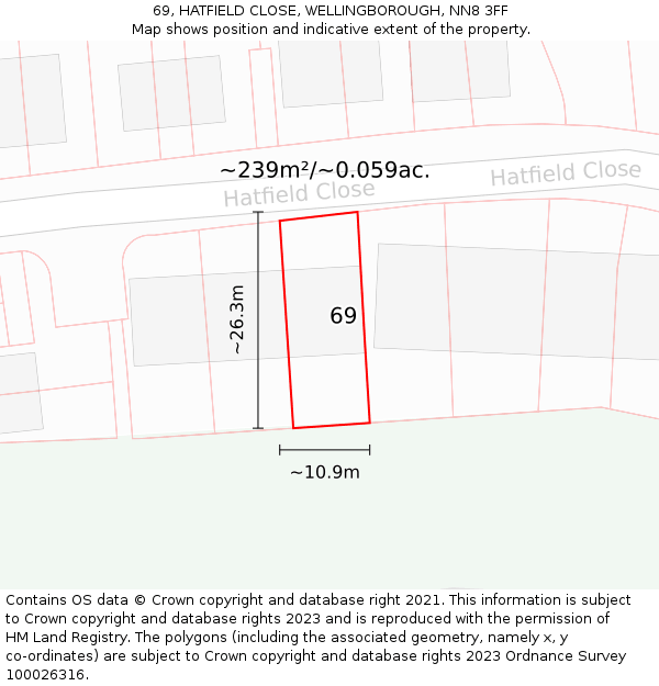 69, HATFIELD CLOSE, WELLINGBOROUGH, NN8 3FF: Plot and title map