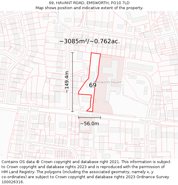 69, HAVANT ROAD, EMSWORTH, PO10 7LD: Plot and title map