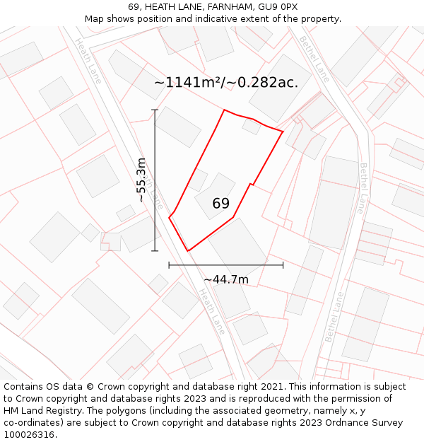 69, HEATH LANE, FARNHAM, GU9 0PX: Plot and title map