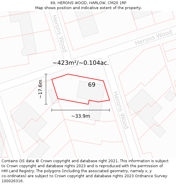 69, HERONS WOOD, HARLOW, CM20 1RP: Plot and title map