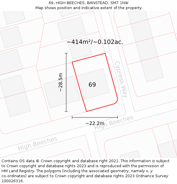 69, HIGH BEECHES, BANSTEAD, SM7 1NW: Plot and title map