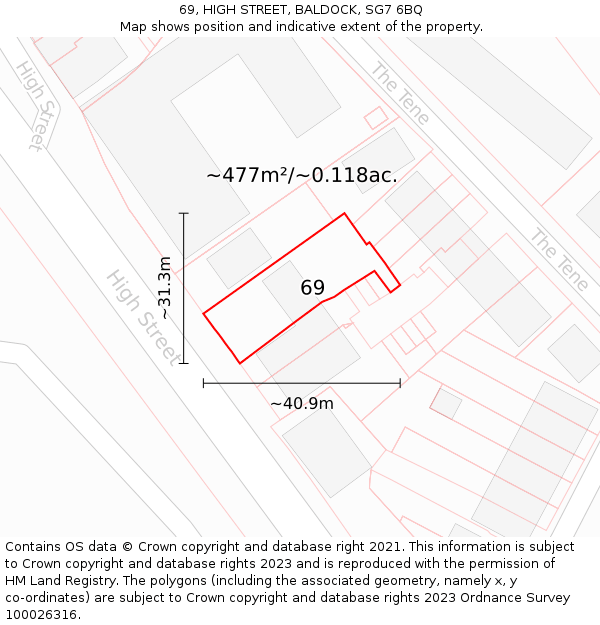 69, HIGH STREET, BALDOCK, SG7 6BQ: Plot and title map