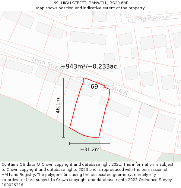 69, HIGH STREET, BANWELL, BS29 6AF: Plot and title map