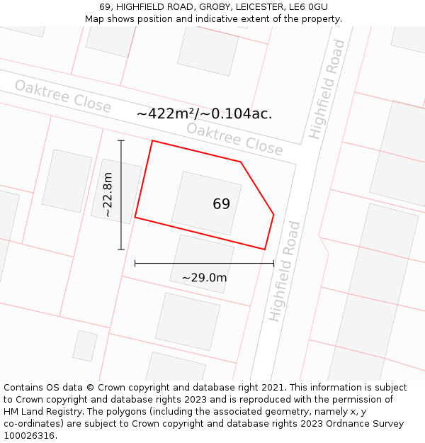 69, HIGHFIELD ROAD, GROBY, LEICESTER, LE6 0GU: Plot and title map