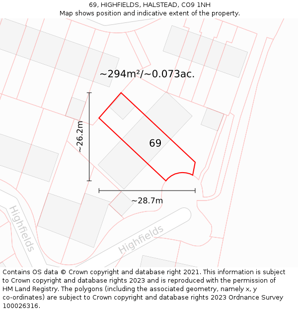 69, HIGHFIELDS, HALSTEAD, CO9 1NH: Plot and title map