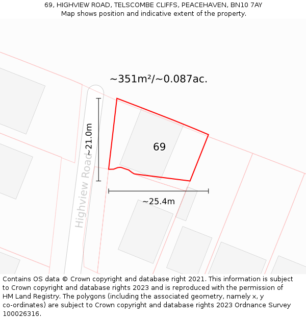 69, HIGHVIEW ROAD, TELSCOMBE CLIFFS, PEACEHAVEN, BN10 7AY: Plot and title map