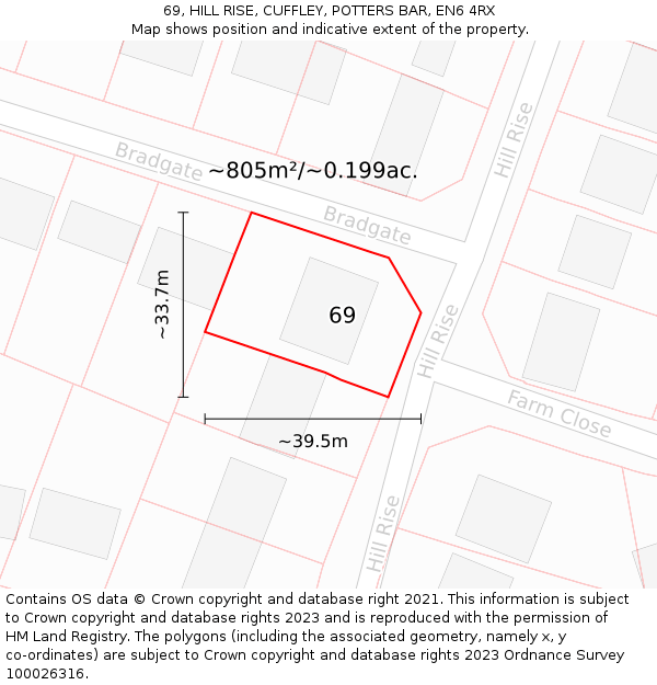 69, HILL RISE, CUFFLEY, POTTERS BAR, EN6 4RX: Plot and title map