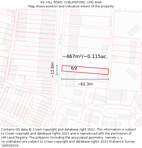 69, HILL ROAD, CHELMSFORD, CM2 6HW: Plot and title map