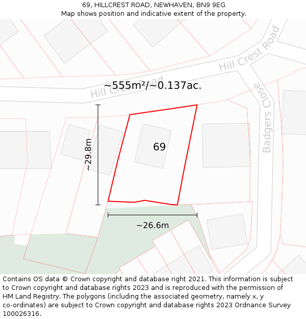 69, HILLCREST ROAD, NEWHAVEN, BN9 9EG: Plot and title map