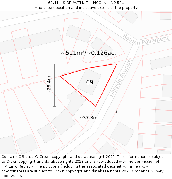 69, HILLSIDE AVENUE, LINCOLN, LN2 5PU: Plot and title map