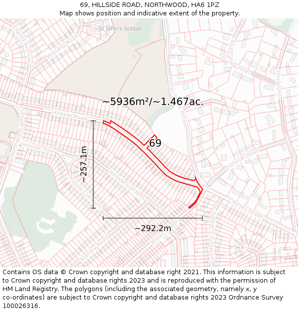 69, HILLSIDE ROAD, NORTHWOOD, HA6 1PZ: Plot and title map