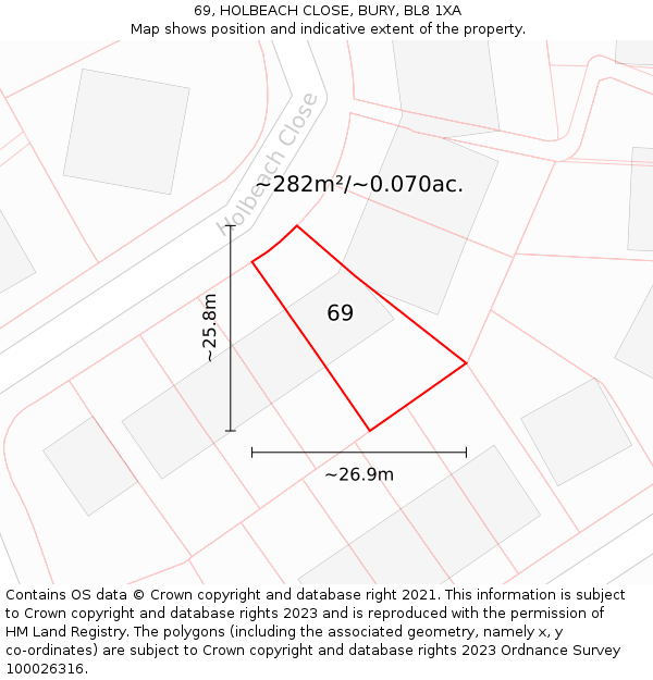 69, HOLBEACH CLOSE, BURY, BL8 1XA: Plot and title map