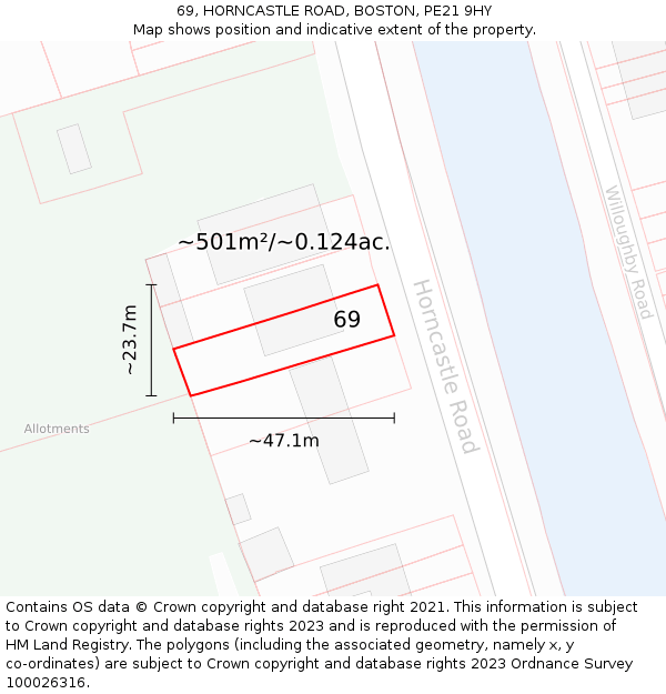 69, HORNCASTLE ROAD, BOSTON, PE21 9HY: Plot and title map