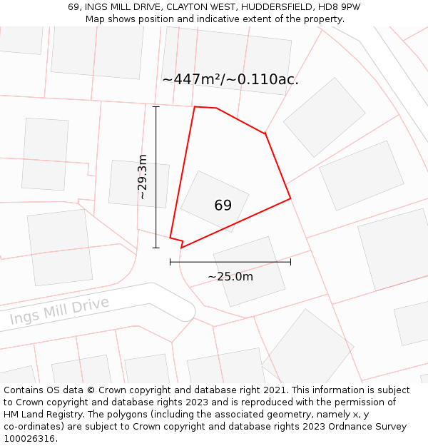 69, INGS MILL DRIVE, CLAYTON WEST, HUDDERSFIELD, HD8 9PW: Plot and title map