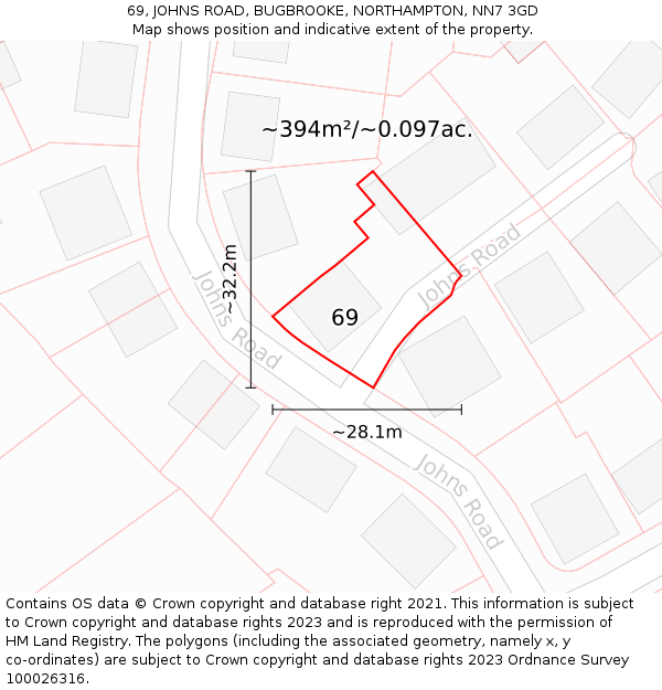 69, JOHNS ROAD, BUGBROOKE, NORTHAMPTON, NN7 3GD: Plot and title map