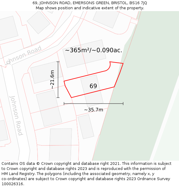 69, JOHNSON ROAD, EMERSONS GREEN, BRISTOL, BS16 7JQ: Plot and title map