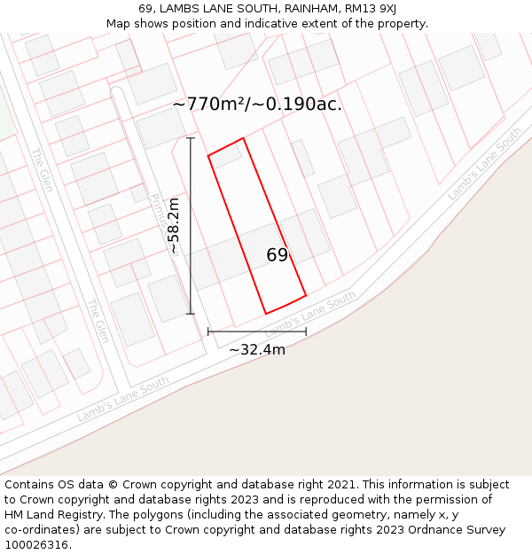 69, LAMBS LANE SOUTH, RAINHAM, RM13 9XJ: Plot and title map