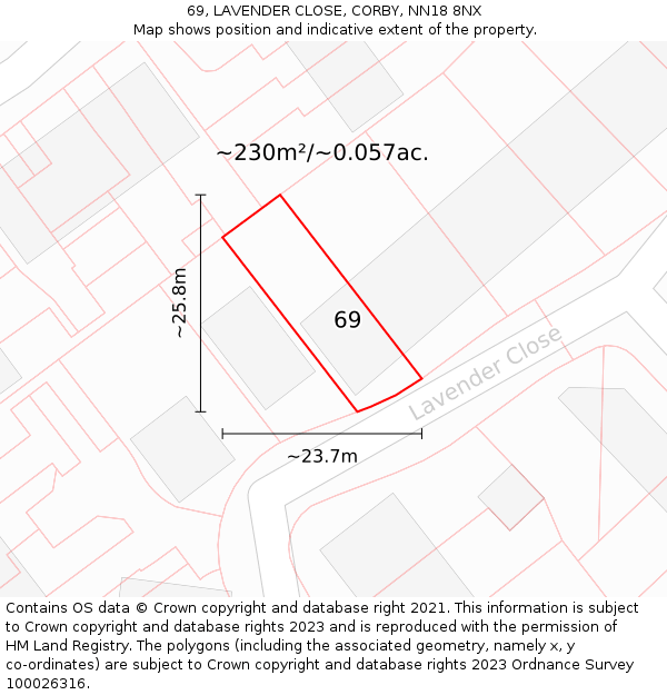 69, LAVENDER CLOSE, CORBY, NN18 8NX: Plot and title map