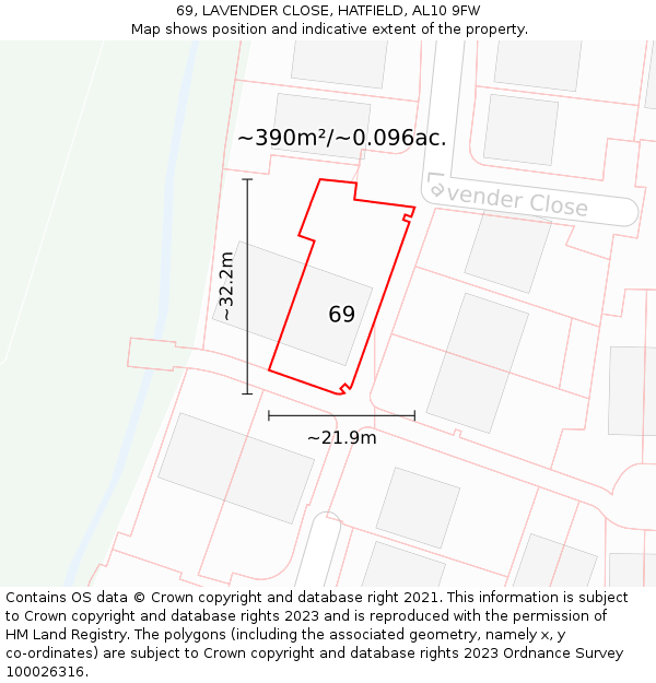 69, LAVENDER CLOSE, HATFIELD, AL10 9FW: Plot and title map