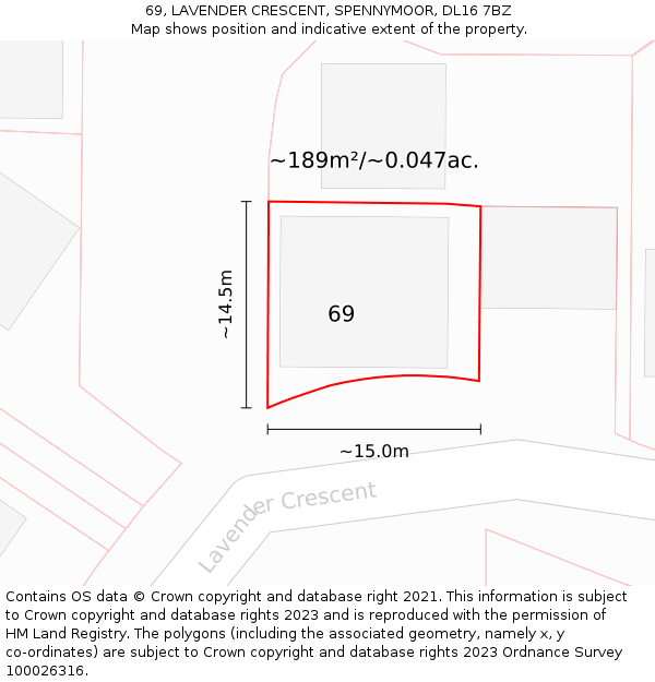 69, LAVENDER CRESCENT, SPENNYMOOR, DL16 7BZ: Plot and title map