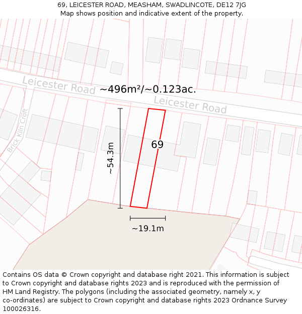 69, LEICESTER ROAD, MEASHAM, SWADLINCOTE, DE12 7JG: Plot and title map