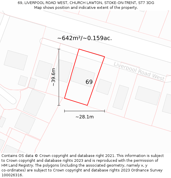 69, LIVERPOOL ROAD WEST, CHURCH LAWTON, STOKE-ON-TRENT, ST7 3DG: Plot and title map