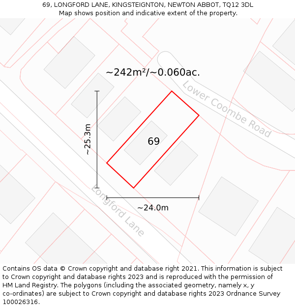 69, LONGFORD LANE, KINGSTEIGNTON, NEWTON ABBOT, TQ12 3DL: Plot and title map